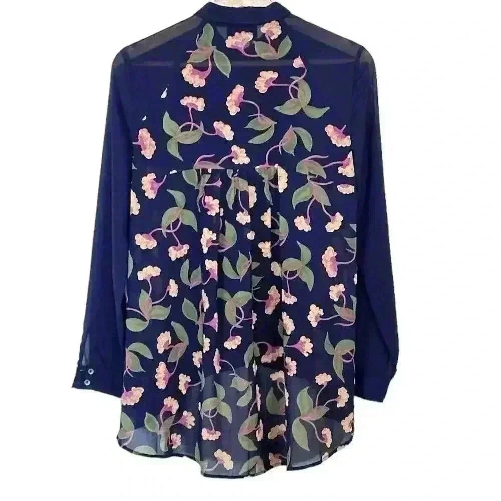 Anthropologie Maeve Ira Button Down Floral Tunic Top Pleated Bib Navy Blue - Picture 4 of 13
